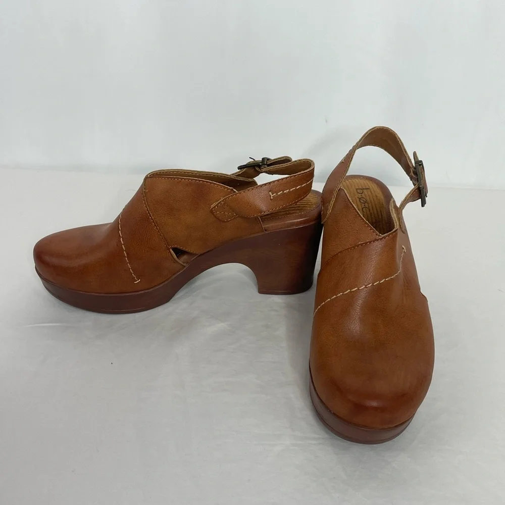 BOC Brown Leather Clogs Slingback Heels 10M Comfort Chunky Heel Mule Shoes Boho - Picture 2 of 9